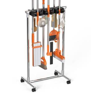 lot 13168 image: TIWROSTI No-Drill Broom Holder Laundry Room Organization, Movable Cleaning Supplies Organizer, Cleaning Cart with 10 Racks and 12 Hooks, Broom and Mop Holder for Kitchen Laundry Garden Garage