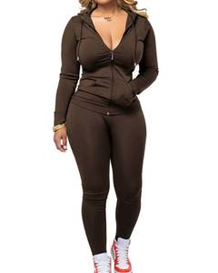 lot 14048 image: PINSV Women Two Piece Outfits Workout Sets Bodycon Tracksuit Long Sleeve Zip Up Hoodie Jacket Jogger Matching Sweat Pants Set Brown XL
