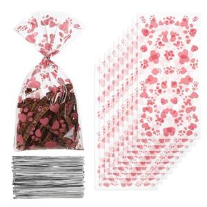 lot 14049 image: Comtim 100 Pieces Dog Treat Bags Pet Paw Heart Print Cellophane Bags with 100 Pieces Silver Twist Ties for Dog Cat Treat Party Favor, Pink
