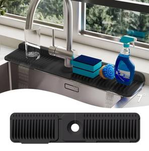 lot 14079 image: 24 Inch Silicone Faucet Mat for Kitchen Sink Splash Guard - 7° Slope Upgraded Water Draining Mat with Fasten Button for Bathroom Area (Black, 24x5.5)