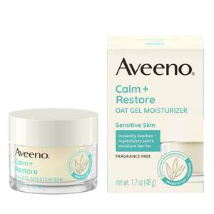lot 14084 image: Aveeno Calm  Restore Oat Gel Facial Moisturizer for Sensitive Skin, Fast-Absorbing, Soothing Lightweight Gel Cream with Prebiotic Oat & Feverfew, Fragrance-Free & Hypoallergenic, 1.7 oz
