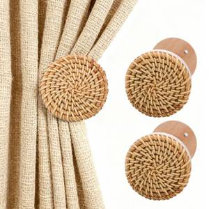lot 14086 image: YISARSH Boho Curtain Holdbacks Rattan Tiebacks for Curtains Wall Mounted Wooden Drapery Hook,Set of 4