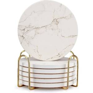 lot 14091 image: 6 Pack White Marble Coaster Set with Holder Absorbent Drink Coasters Ceramic Cute Coaster Bar Dining Coffee Table Accessories Decor Gift Funny Cup Stone Modern Costers Cool Desk Beer Cork Coasters