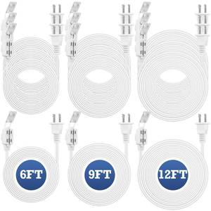 lot 14102 image: Xuhal 12 Pcs 2 Prong Extension Cord, 6ft, 9ft and 12ft 3 Outlet Indoor White Extension Cord with Safety Outlet Cover Polarized Plug for Christmas Halloween Holiday Light, White