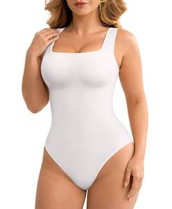 lot 14428 image: FeelinGirl Bodysuits for Women Square Neck Tummy Control Tank Tops Bodysuit for Women Compression Bodysuit White ML