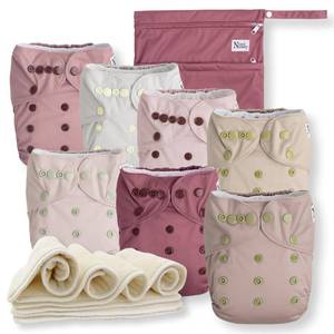 lot 14439 image: Noras Nursery Cloth Diapers 7 Pack with 7 Inserts & 1 Wet Bag - Waterproof Cover, Washable, Reusable & One Size Adjustable Pocket Diapers for Newborns and Toddlers - Ballet Slippers
