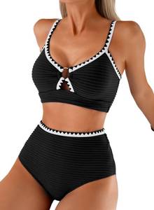 lot 14450 image: Herseas Womens Black Bikini Sets Textured Push Up 2026 Summer V Neck Popular Swimsuits O Ring Whip Stitch High Waisted Bathing Suits Flattering Modest Cruise Outfits Medium