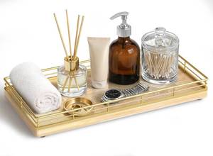 lot 14480 image: Bathroom Vanity Tray for Countertop, 12 x 6 Oak Wood Toilet Tank Tray with Metal Guardrail, Bathroom Organizer for Soap, Perfume & Skincare, Non-Slip Decorative Tray for Dresser, Gold & Natural Oak