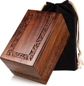 lot 19381 image: Handcrafted Rosewood Wooden Urn for Human Ashes Adult �� 200 Cubic Inch Capacity �� Engraved Border Funeral Urn for Ashes �� Memorial Keepsake Box