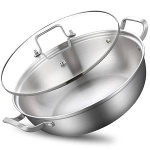 lot 19385 image: Yeksum Tri-Ply Stainless Steel Saute Pan,Deep Frying Pan with lid,Compatible with All Cooktops Up to 650��, Everyday Pan,Hot Pot,Kadhai,Induction Cooking Pot,Dishwasher and Oven Safe. (7QT) (Used)(Cosmetic Damage)