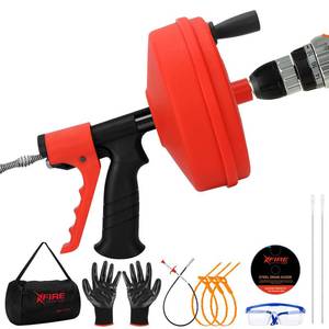 lot 19413 image: New 50 FT Double Mode Drain Snake Tools, 11-in-1 Drain Auger for Sink and Drain Unblocking, Plumbing Snake for Kitchen, Bathrom and Shower Sink, Snake for Real DYIs (Red) NEW