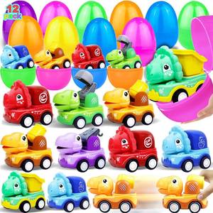 lot 19416 image: 12 Pack 3.8 Jumbo Easter Eggs Filled with Dinosaur Pull Back Construction Vehicles for Kids Toddlers Boys Girls Teens Easter Basket Stuffers Fillers Hunt Classroom Prize Supplies Party Favors Gifts