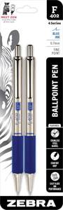 lot 20456 image: Zebra Pen, STEEL F-402 Retractable Ballpoint Pens, 0.7mm Fine Point, Blue Ink, Stainless Steel Barrel and Clip, Easy-Glide Ink, Comfort Grip, Refillable Pens for Office, School, 2-Pack (29222)