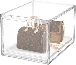 lot 5474 image: BOHOIDEE Stackable Clear Handbag Display Case for Closet with Drawers, Acrylic Box Display Case Showcase with Magnetic Door, Plastic Storage Bins Storage Drawers Containers for Organizing