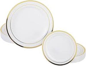 lot 9440 image: White Porcelain Dinner Plates with Gold Rim Trim