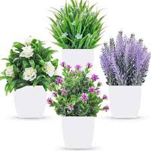 lot 11061 image: Set of 4 Decorative Artificial Potted Plants with Purple Flowers