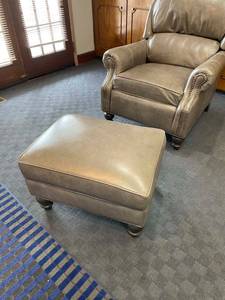 lot 96 image: Gray Soft Leather Tiltback Chair with Ottoman Set - Retails Over $2K