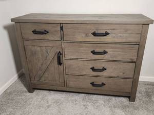 lot 116 image: Rustic Wood Dresser with Black Hardware and Matching Mirror