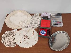 lot 131 image: Mixed Collectibles Lot with Lace Doilies and Miniature Items