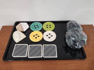 lot 250 image: Hanging Dryer w Clothes Clips, Coasters &amp Kitchen Timer Bundle