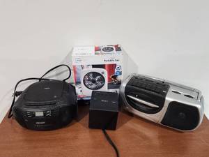 lot 252 image: Electronics Bundle - Portable Radios, Fan, and Audio Equipment