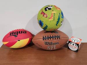 lot 256 image: Mixed Sports Ball Collection - Football, Playground Ball, and Wiffle Ball Set