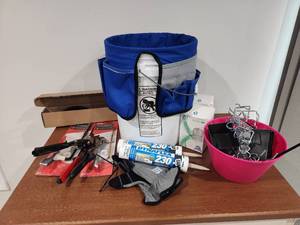 lot 267 image: Tool Bucket Organizer With Mixed Tool and Hardware Lot Pliers, Adhesive, and Accessories