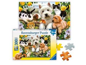 lot 37220 image: Ravensburger - Happy Animal Buddies - 300 Piece Jigsaw Puzzle - Exciting, Colorful Scene - Puppies, Kittens, Rabbits, and More - Premium Quality - Ideal Gift - Screen-Free Fun - Children Age 9 - Retail $18