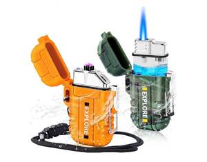 lot 37241 image: 2 Pack Waterproof Outdoor Lighter Windproof Torch Lighters Butane Refillable USB Rechargeable Electric Dual Arc Plasma Lighter Hiking Camping Essentials Hunting Survival Tactical Gear Gadgets - Retail $12