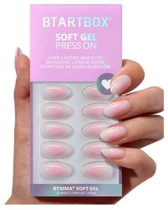 lot 37244 image: BTArtbox Press On Nails Short - Pink Ombre Almond Press On Nails with Glue for Women, Opaque Soft Gel Glue On Nails in 16 Sizes - 32 Stick On Nails Kit, Love Letter - Retail $15