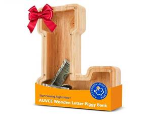 lot 37263 image: Wooden Initial Piggy Bank - Large Solid Wood Money Box for Kids - Personalized Letter Money Bank, Unique Educational Gift Decor for Baby Shower, Birthday & Nursery (L) - Retail $17