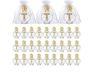 lot 37275 image: 30 Set Holy Water Bottles Catholic Bulk 0.5 Fl oz Small Embossed Glass Gold Empty Holy Water Bottle with Cross Organza Bag Spiritual Favor for First Communion Church Baptism Party - Retail $28