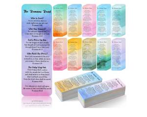 lot 37276 image: 100 Pcs Romans Road to Salvation Bookmarks 6 x 2 Gospel Tracks Religious Bookmarks Bulk Watercolor Christian Tracts Romans Road Scripture Gift for Church Pastor Men Women - Retail $20