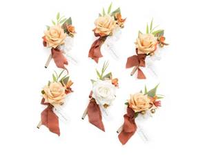 lot 37285 image: Lings Moment Boutonniere for Men, 6pcs Groom Groomsmen Boutonniere, Artificial Flowers for Wedding DecorPromHomecoming, Terracotta White - Retail $33