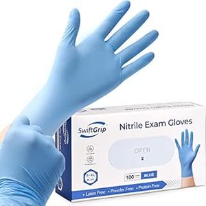 lot 37314 image: SwiftGrip Disposable Nitrile Exam Gloves, 3-mil, Blue, Nitrile Gloves Disposable Latex Free, Medical Gloves, Cleaning Gloves, Food-Safe Rubber Gloves, Powder Free, Non-Sterile, 100-ct Box (Medium) - Retail $9