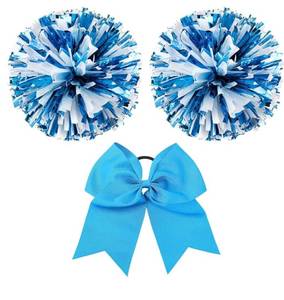 lot 37321 image: 3 Pcs Cheerleading Pom Poms and Large Cheerleader Hair Bow Metallic Cheer Supplies for Team Spirit Sports Dance Cheering - Retail $10