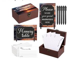 lot 37329 image: 112 Pcs Celebration of Life Memory Cards Set Share a Memory Cards with Box 2 Wood Sign with 4 Hold and 5 Pens, Sympathy Memorial Gifts Funeral Keepsake Decorations(Dusk) - Retail $20