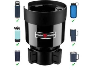 lot 37332 image: Seven Sparta Car Cup Holder Expander with Offset Adjustable Base, Compatible with Hydro Flasks 3240 Ounce, Compatible with Yeti Ramblers 202630 Ounce, Other Bottles in 3.4-3.8 (Black) - Retail $10