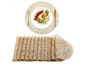 lot 37340 image: 12 Packs Gold Round Placemats 15 Inch Hollow Out Pressed Vinyl Place Mats Heat Resistant Woven Gold Placemats for Christmas Dinner Table Winter Holiday Party Wedding Centerpiece Decoration - Retail $27