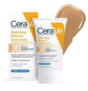 lot 37348 image: CeraVe Hydrating Mineral Sunscreen SPF 30 with Sheer Tint, Tinted Mineral Sunscreen with Zinc Oxide & Titanium Dioxide, Blends Seamlessly For Healthy Glow, Medium, 1.7 Fluid Ounce - Retail $14