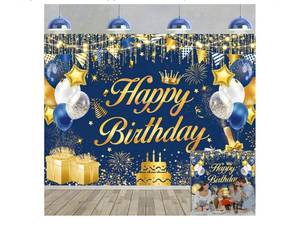 lot 37357 image: Blue Gold Happy Birthday Backdrop Glitter Balloons Birthday Banner Background Men Women Kids Birthday Party Decorations Supplies Photo Props (Blue Gold, 6x4FT) - Retail $9