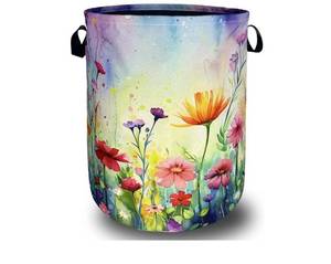 lot 37362 image: Watercolor Flowers Laundry Basket Wildflower Foldable Funny Laundry Hamper Oxford Cloth Floral Tote Bag Clothes Storage Bucket Toy Organizer 18.9x16.5For BathroomLaundry StorageBedroom - Retail $24