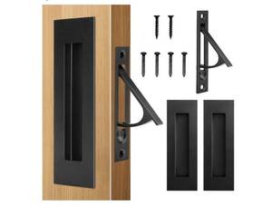 lot 37373 image: Pocket Door Hardware Set �� 2 Recessed Flush Finger Pulls & 1 Edge Pull, Made of 304 Stainless Steel, Template Included, Black. - Retail $22