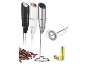 lot 37391 image: SIMPLETASTE Milk Frother Handheld Electric Foam Maker, Drink Mixer with Stainless Steel Whisk for Cappuccino, Bulletproof Coffee, Latte, Gray, with Stand, Battery Operated - Retail $8