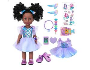 lot 37400 image: 14.5 Inch Black Dolls Realistic Baby Doll Clothes and Accessories, Silicone African Baby Doll with Doll Princess Deep Sea Theme Dress Best Gift for Girls Kids - Retail $30