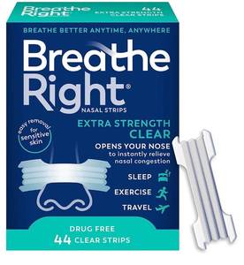 lot 37417 image: Breathe Right Nasal Strips, Extra Strength Clear Nose Strips, Drug-Free Nasal Congestion Relief for Better Breathing, Help Relieve Snoring, Caused by Colds & Allergies, Deviated Septum, 44ct - Retail $18