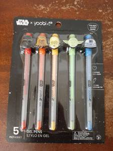 lot 37419 image: Star Wars x Yoobi 5-Pack Gel Pens Set of 5 gel pens featuring Star Wars character toppers including Darth Vader, Chewbacca, C-3PO, Yoda, and R2-D2. Licensed Yoobi collaboration pens with colorful character designs and matching ink colors. - Retail $8