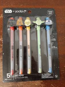 lot 37420 image: Star Wars x Yoobi 5-Pack Gel Pens Set of 5 gel pens featuring Star Wars character toppers including Darth Vader, Chewbacca, C-3PO, Yoda, and R2-D2. Licensed Yoobi collaboration pens with colorful character designs and matching ink colors. - Retail $8