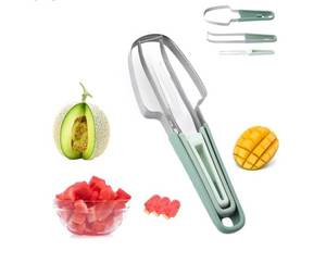 lot 37422 image: Watermelon Cutter, Watermelon Fork Slicer Cutter, Upgraded 3-in-1 Stainless Steel Summer Watermelon Cutting Tool, Multi-Melon Fruit Forks Slicer Cutter for Party Camping & Kitchen - Retail $7