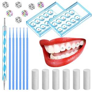lot 37424 image: 61 Pcs Tooth Gem Kit DIY Jewelry Dental Gems Reflective Teeth Diamonds Set Artificial Crystal Ornaments Jewel with Applicator Sticks Dot Drill Pen Cotton Sticks(White,Colorful,Blue) - Retail $8